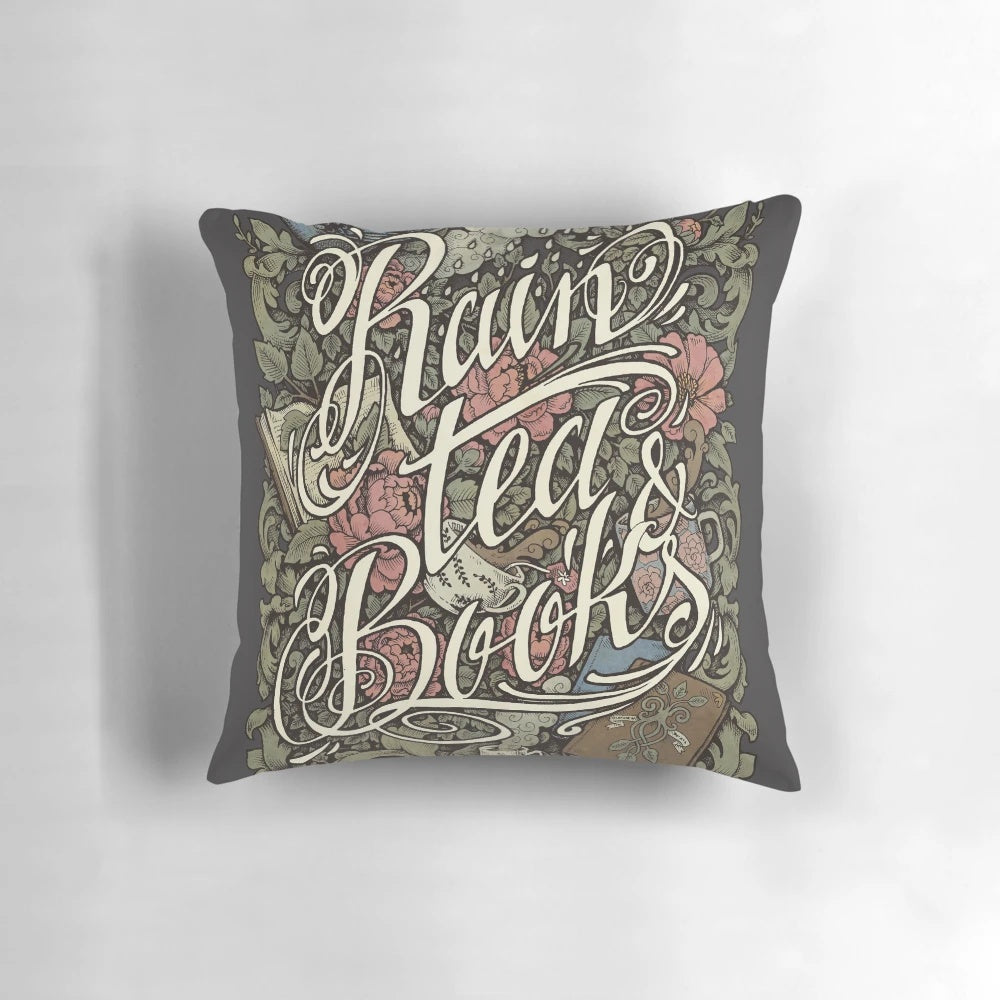 A cozy, shabby chic pillow featuring a design of rain, tea, and books.
