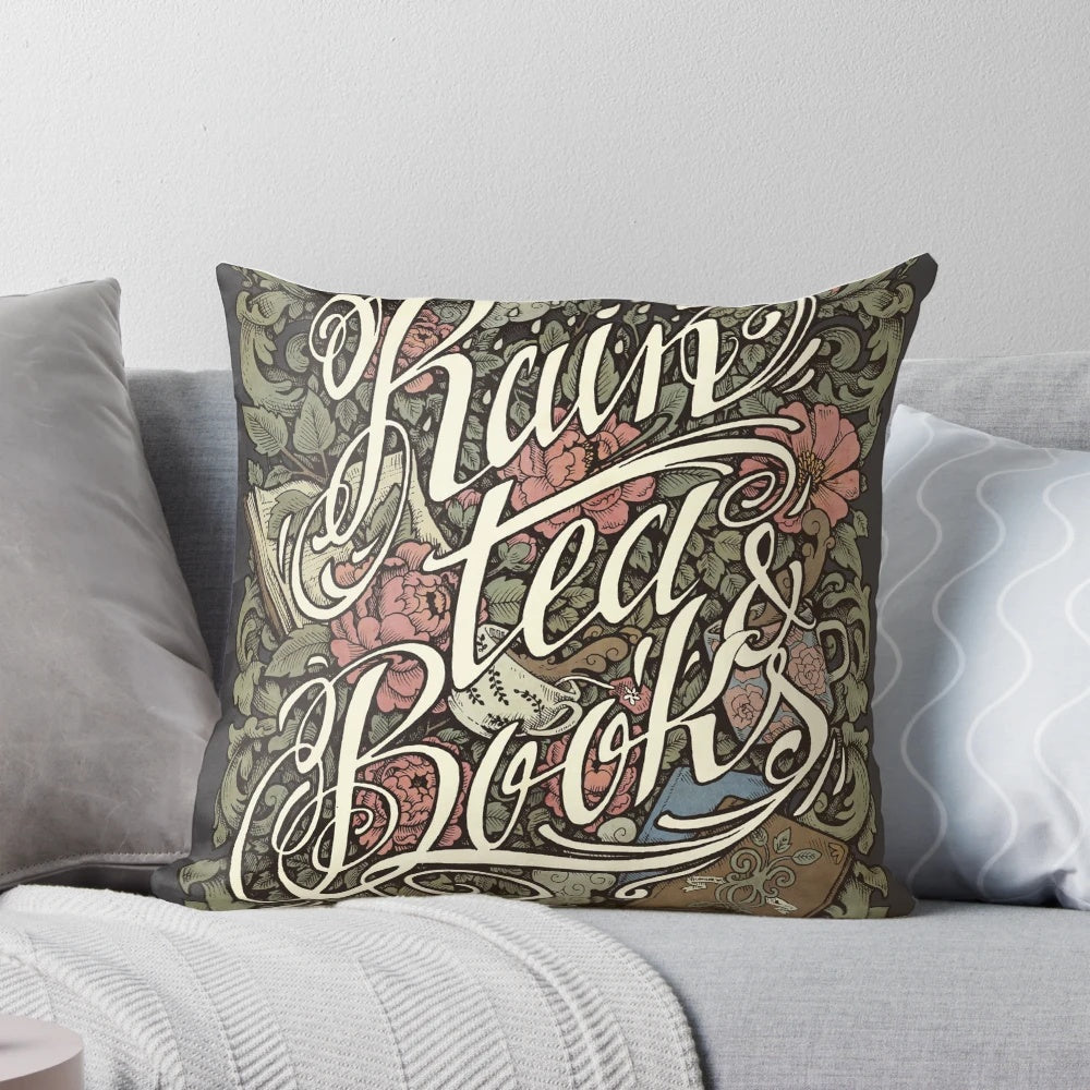 A cozy, shabby chic pillow featuring a design of rain, tea, and books.
