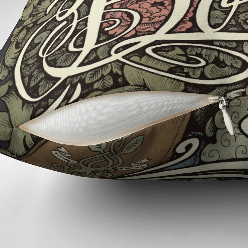 A cozy, shabby chic pillow featuring a design of rain, tea, and books.
