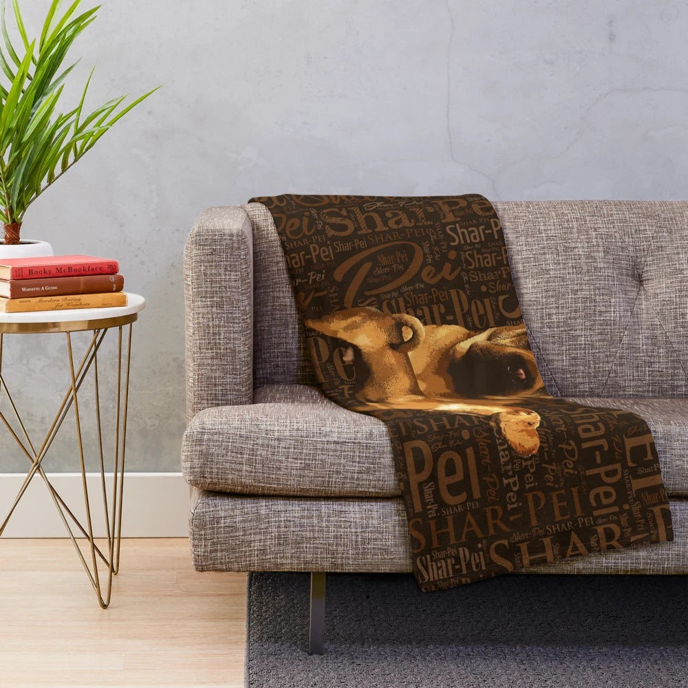 Shar-Pei plush blanket with watercolor painting of Chinese Shar-Pei dog