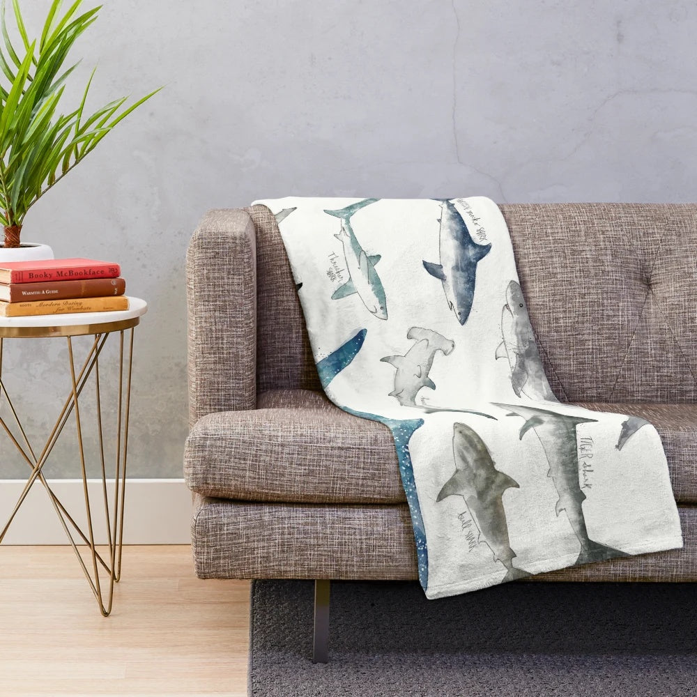Sharks plush blanket with a landscape design featuring various shark species