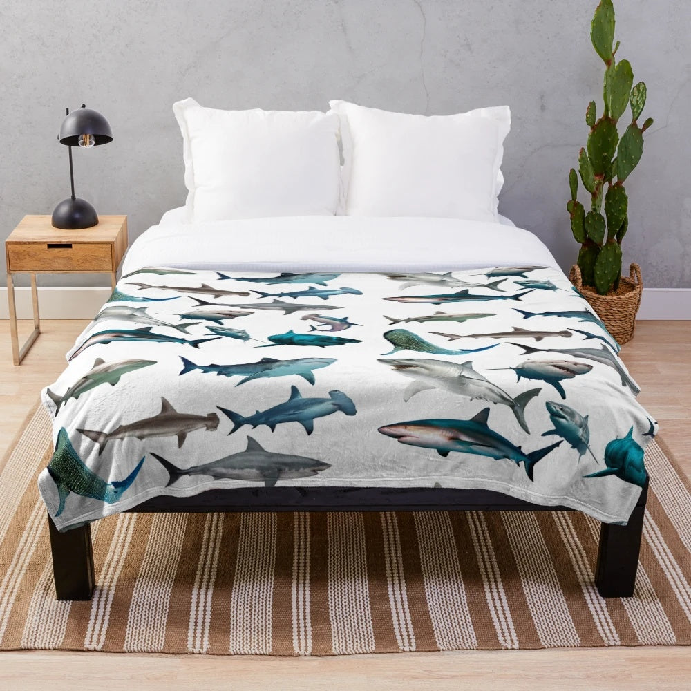 Soft and cuddly sharks plush blanket with various shark species