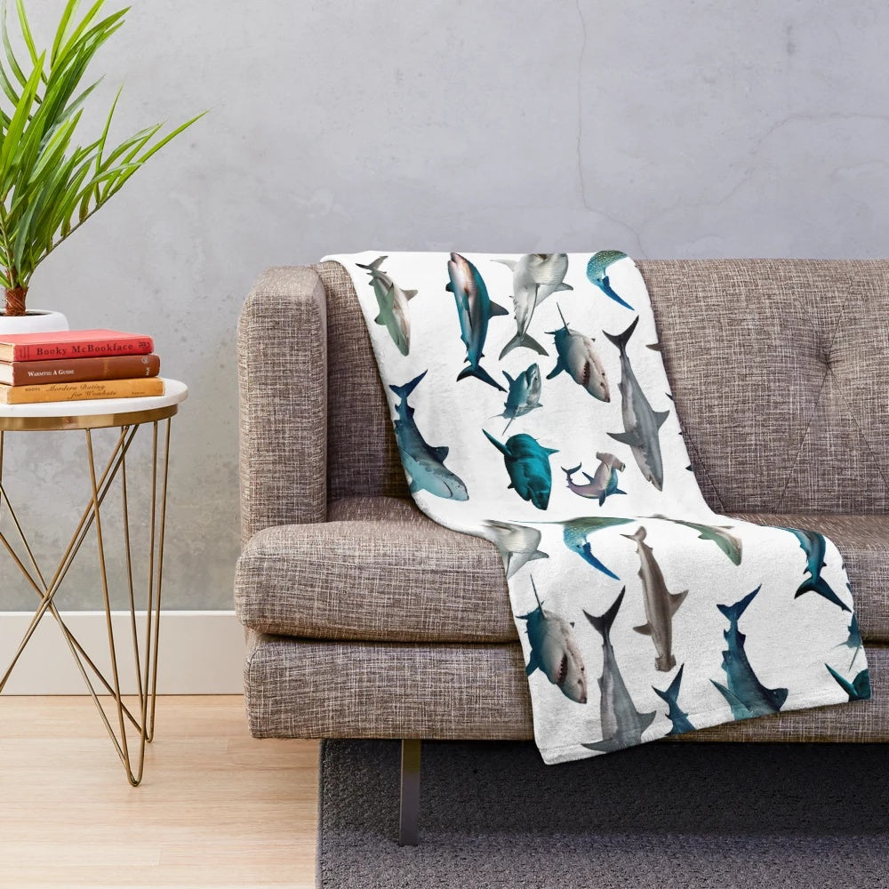 Soft and cuddly sharks plush blanket with various shark species