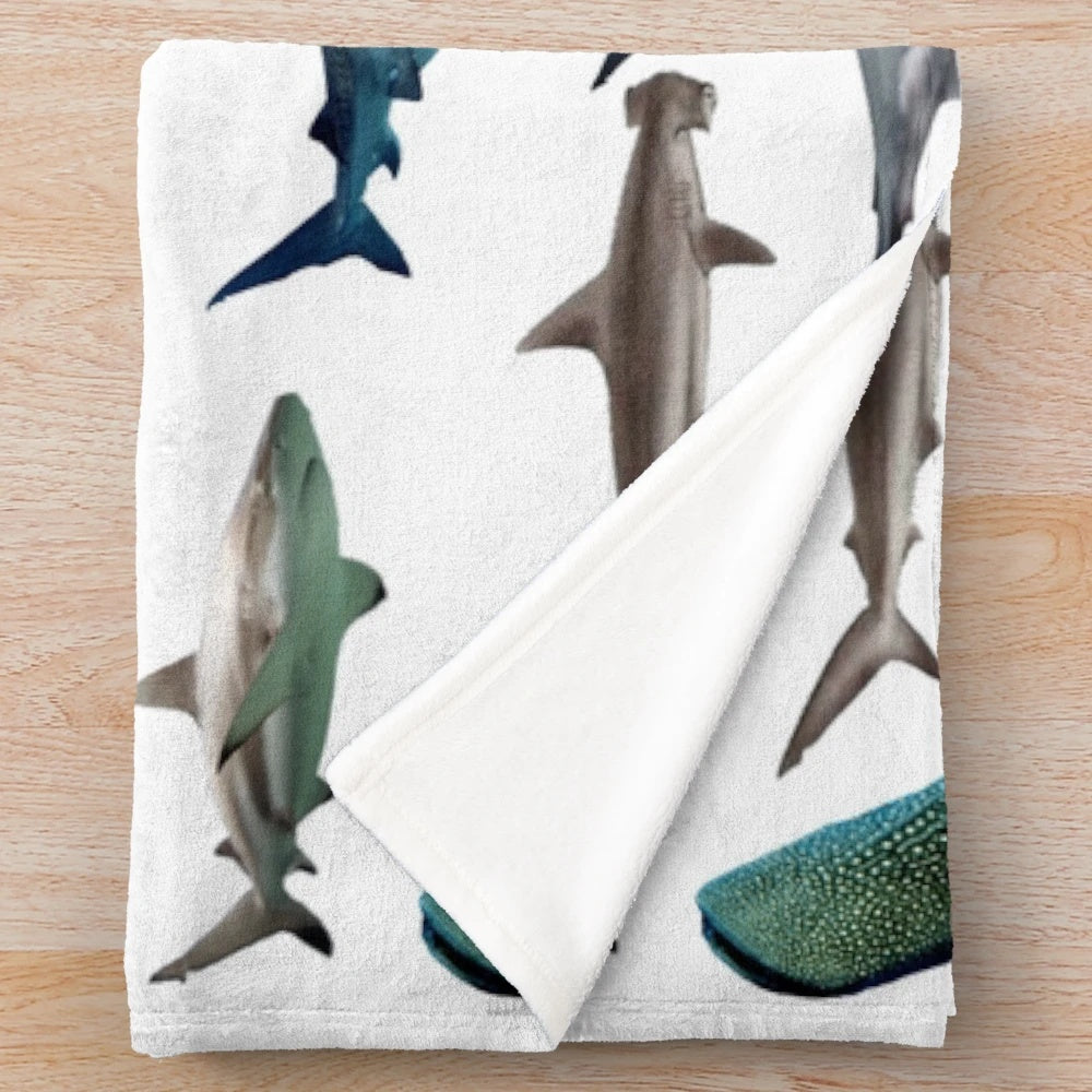 Soft and cuddly sharks plush blanket with various shark species