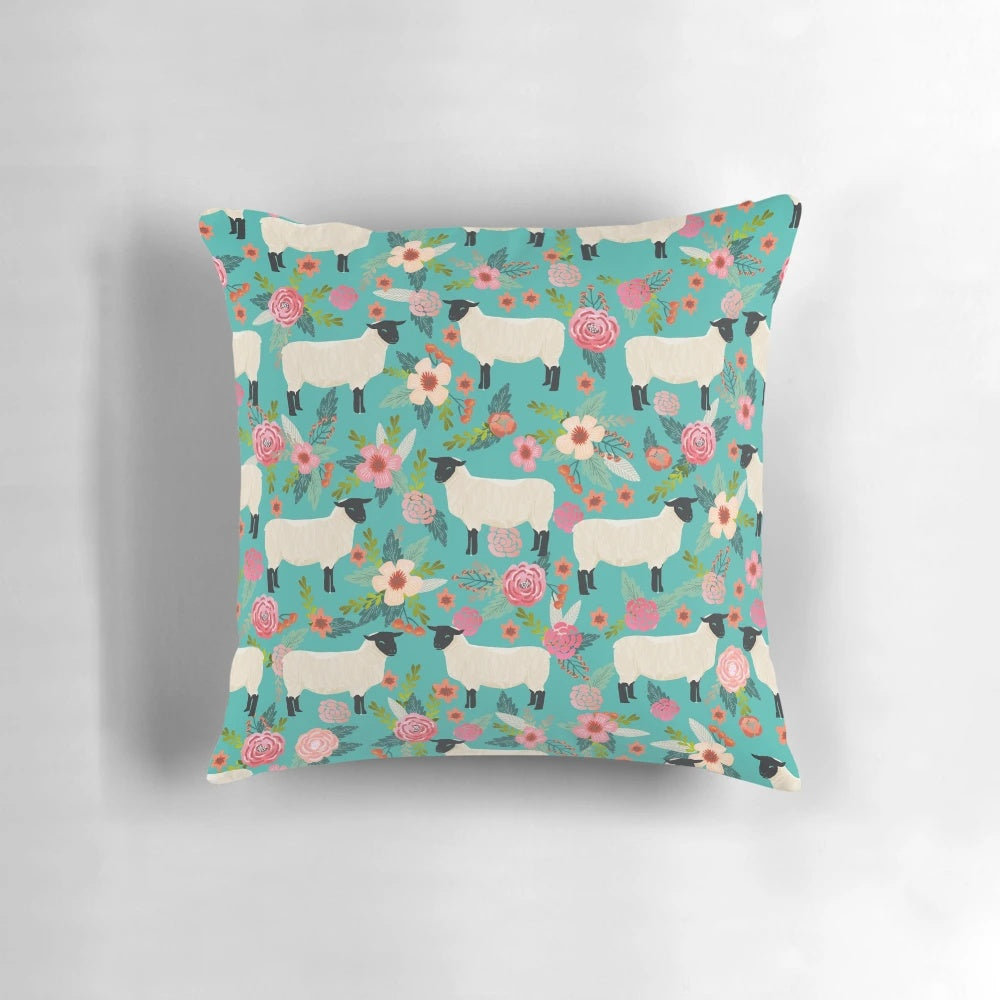 Soft, fluffy throw pillow featuring a charming sheep farm sanctuary floral pattern, perfect for animal lovers.