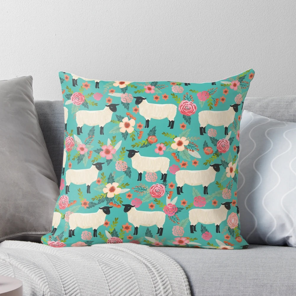 Soft, fluffy throw pillow featuring a charming sheep farm sanctuary floral pattern, perfect for animal lovers.
