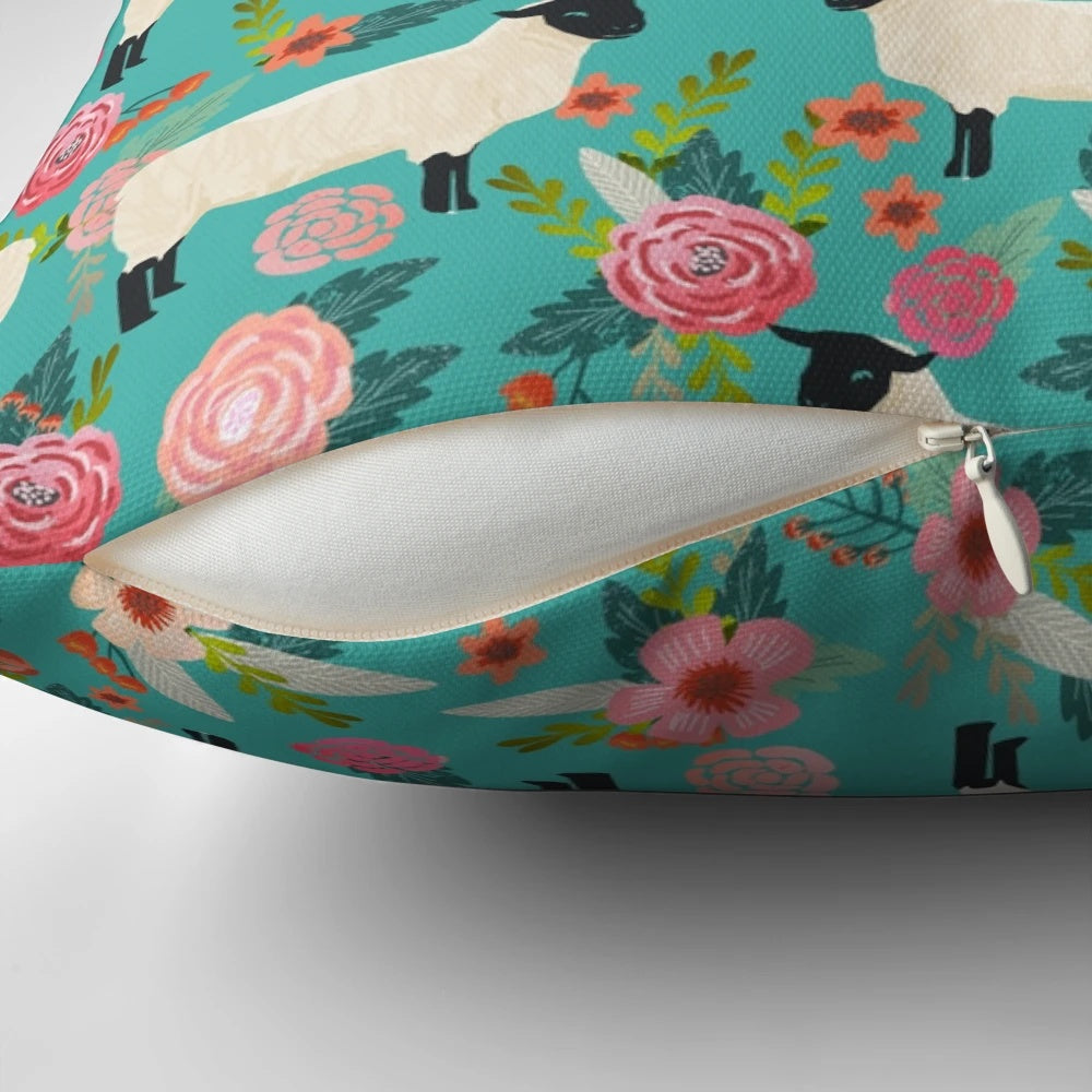 Soft, fluffy throw pillow featuring a charming sheep farm sanctuary floral pattern, perfect for animal lovers.