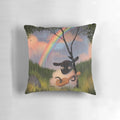 Soft, plush pillow featuring a sheep playing a guitar against a sunny, country background