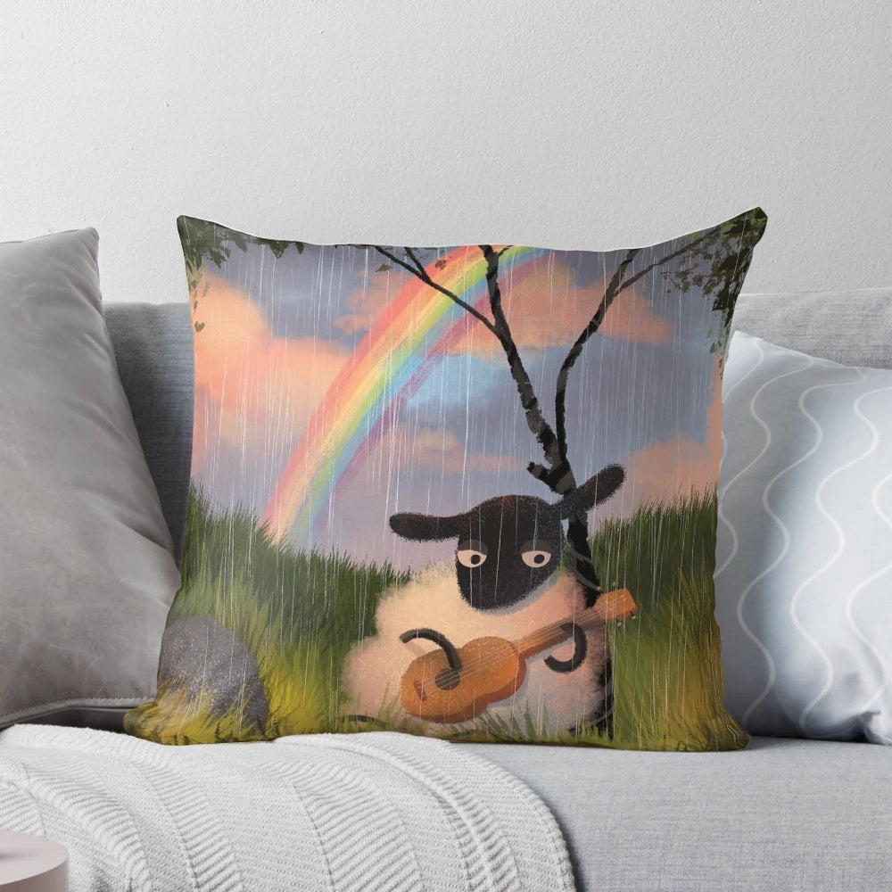 Soft, plush pillow featuring a sheep playing a guitar against a sunny, country background