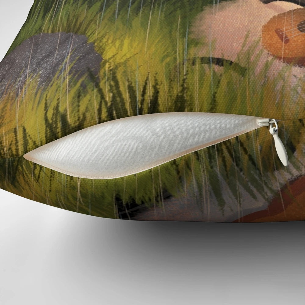 Soft, plush pillow featuring a sheep playing a guitar against a sunny, country background