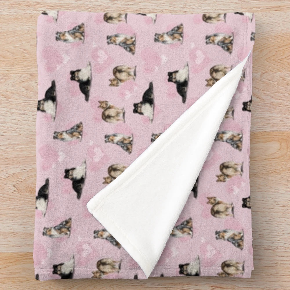 Shetland Sheepdog Plush Blanket in Soft Pink