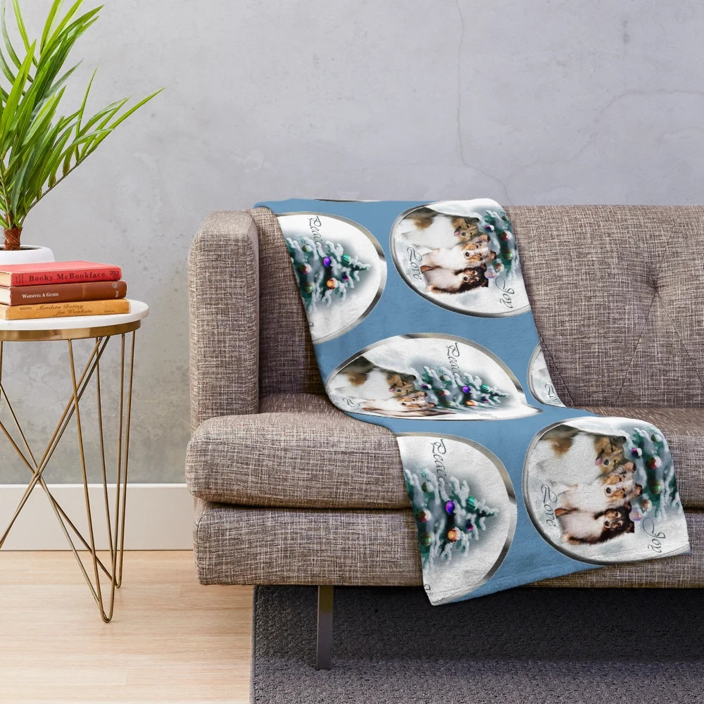 Shetland Sheepdog Plush Blanket with Festive Motifs
