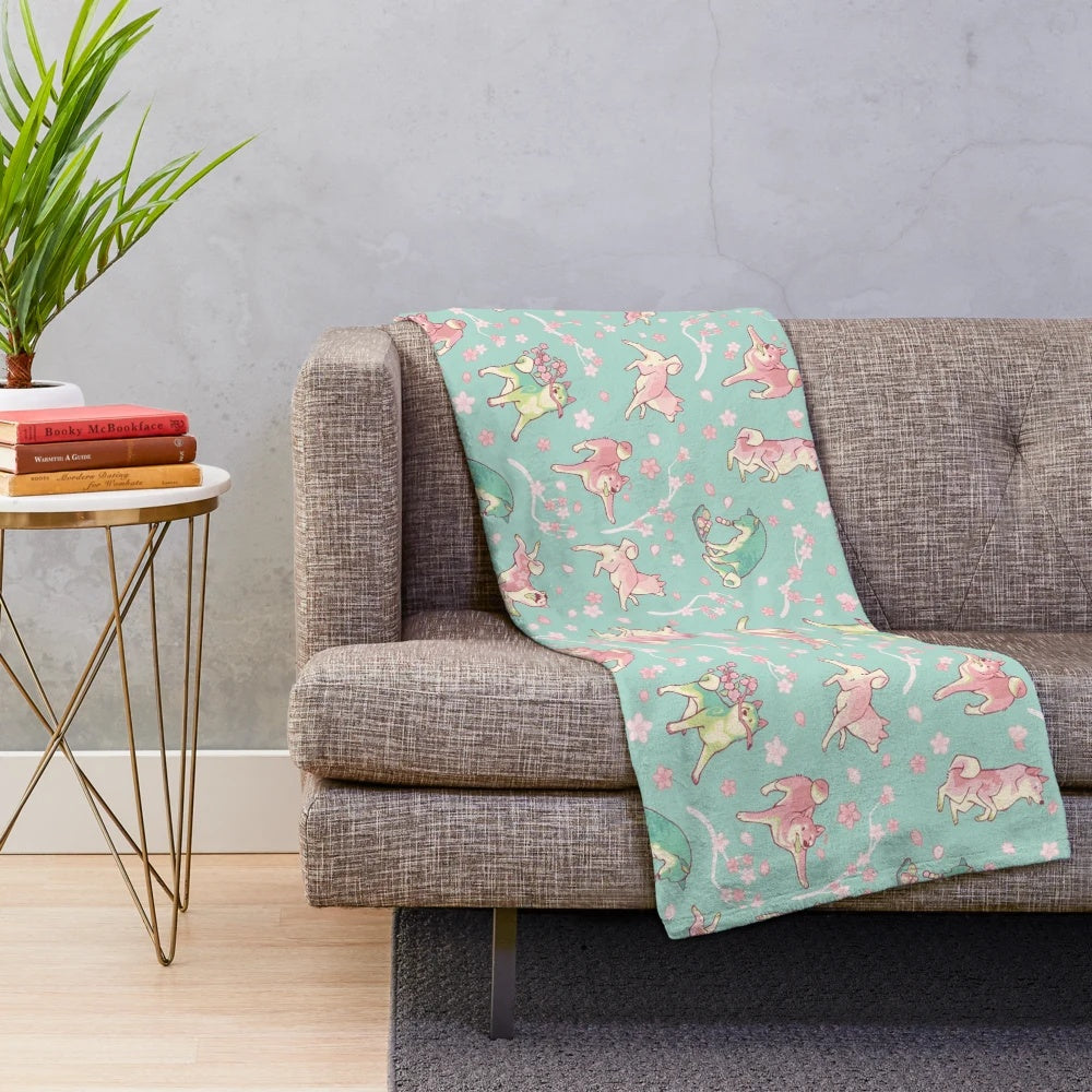 Shiba inu plush blanket with sakura flower and matcha tea pattern in mint green