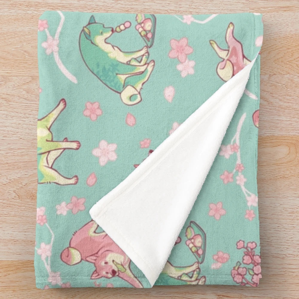 Shiba inu plush blanket with sakura flower and matcha tea pattern in mint green