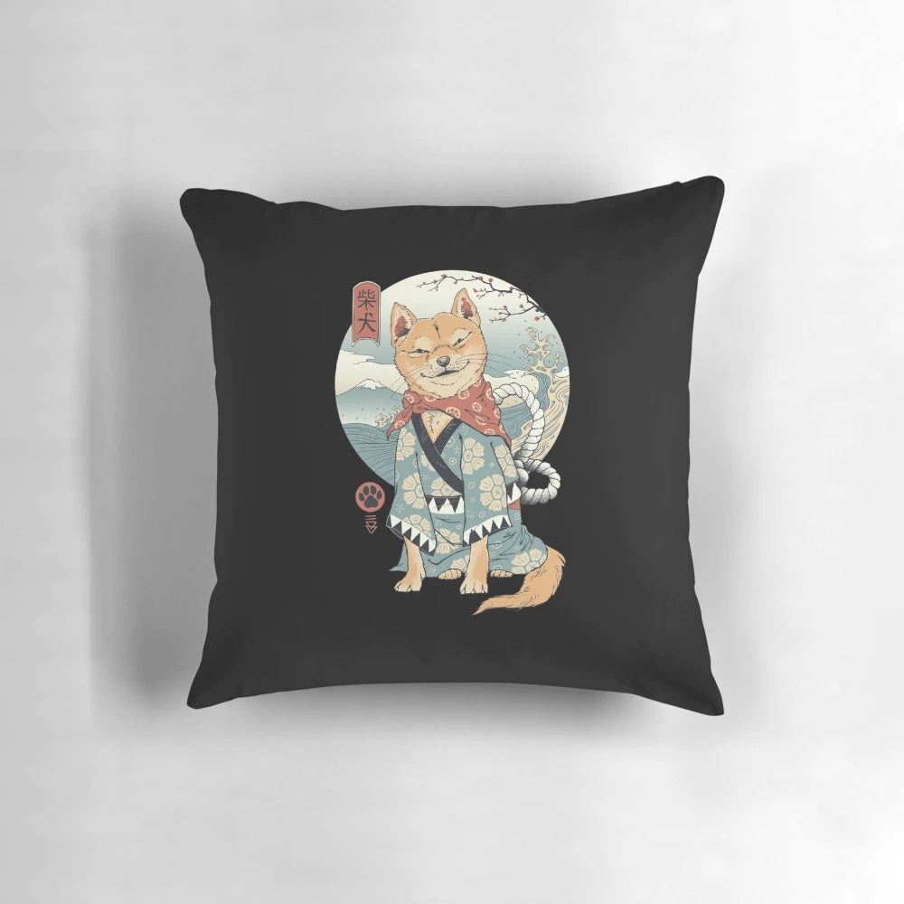 Soft, plush pillow featuring a Shiba Inu dog in a traditional Japanese ukiyo-e style woodblock print design.