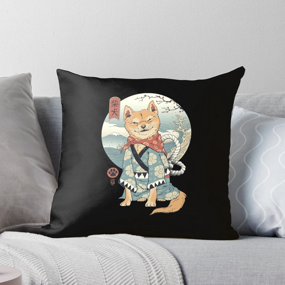 Soft, plush pillow featuring a Shiba Inu dog in a traditional Japanese ukiyo-e style woodblock print design.