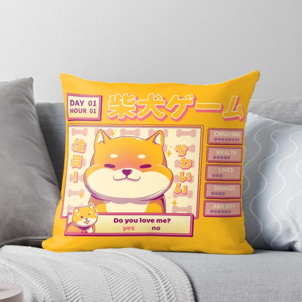Soft, plush pillow featuring a cute Shiba Inu character, inspired by vintage video games and Japanese aesthetics.