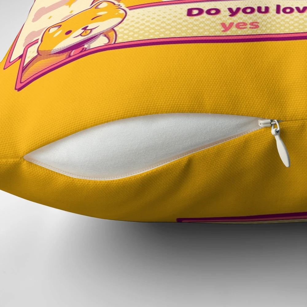 Soft, plush pillow featuring a cute Shiba Inu character, inspired by vintage video games and Japanese aesthetics.