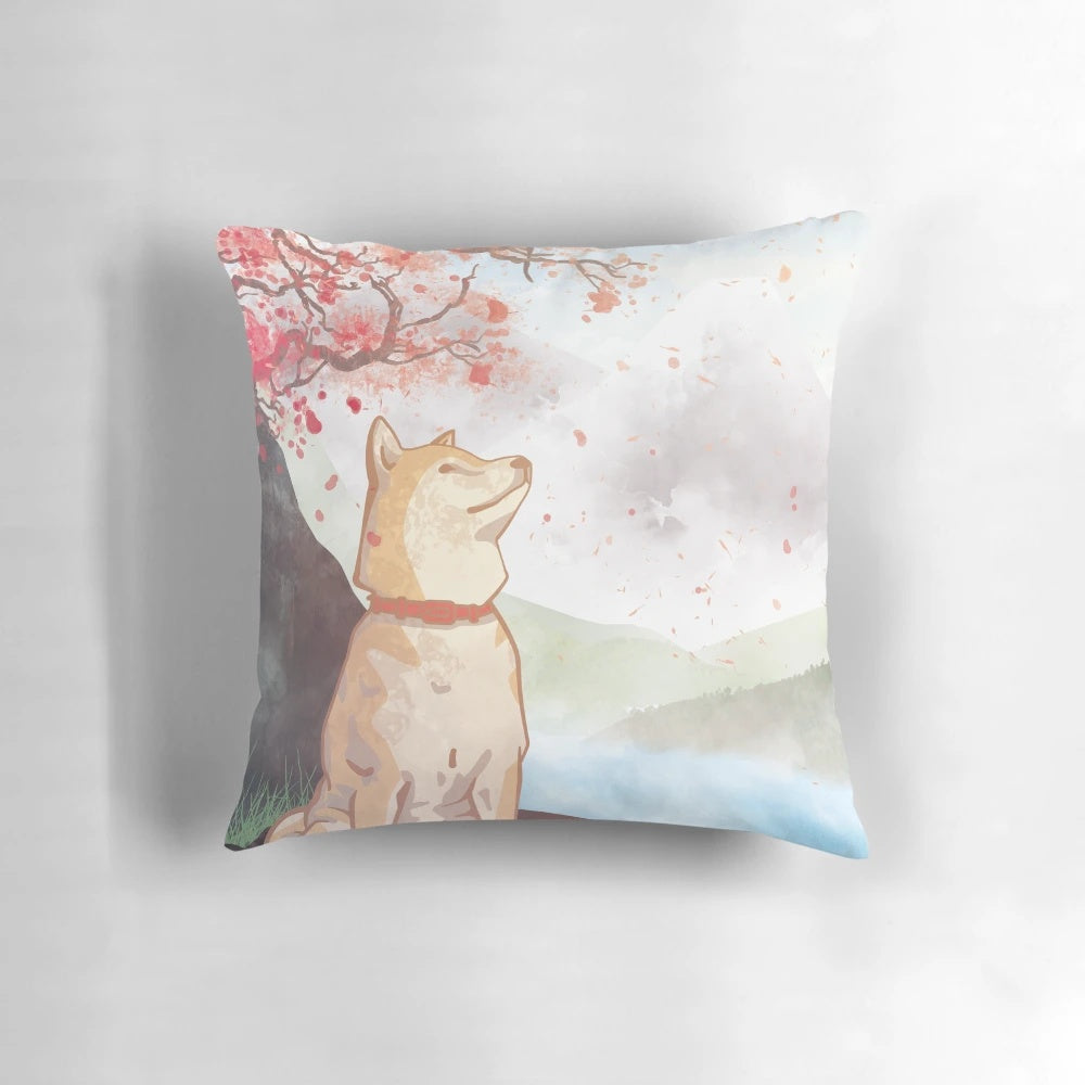 Soft and plush Shiba Inu-themed decorative pillow with cherry blossom and mountain landscape design