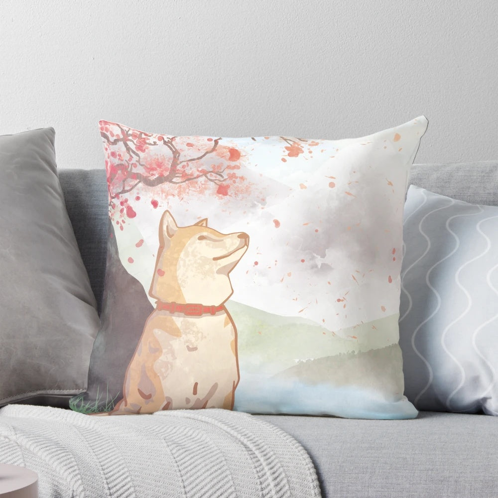 Soft and plush Shiba Inu-themed decorative pillow with cherry blossom and mountain landscape design