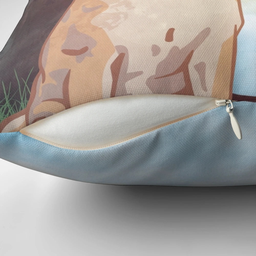Soft and plush Shiba Inu-themed decorative pillow with cherry blossom and mountain landscape design