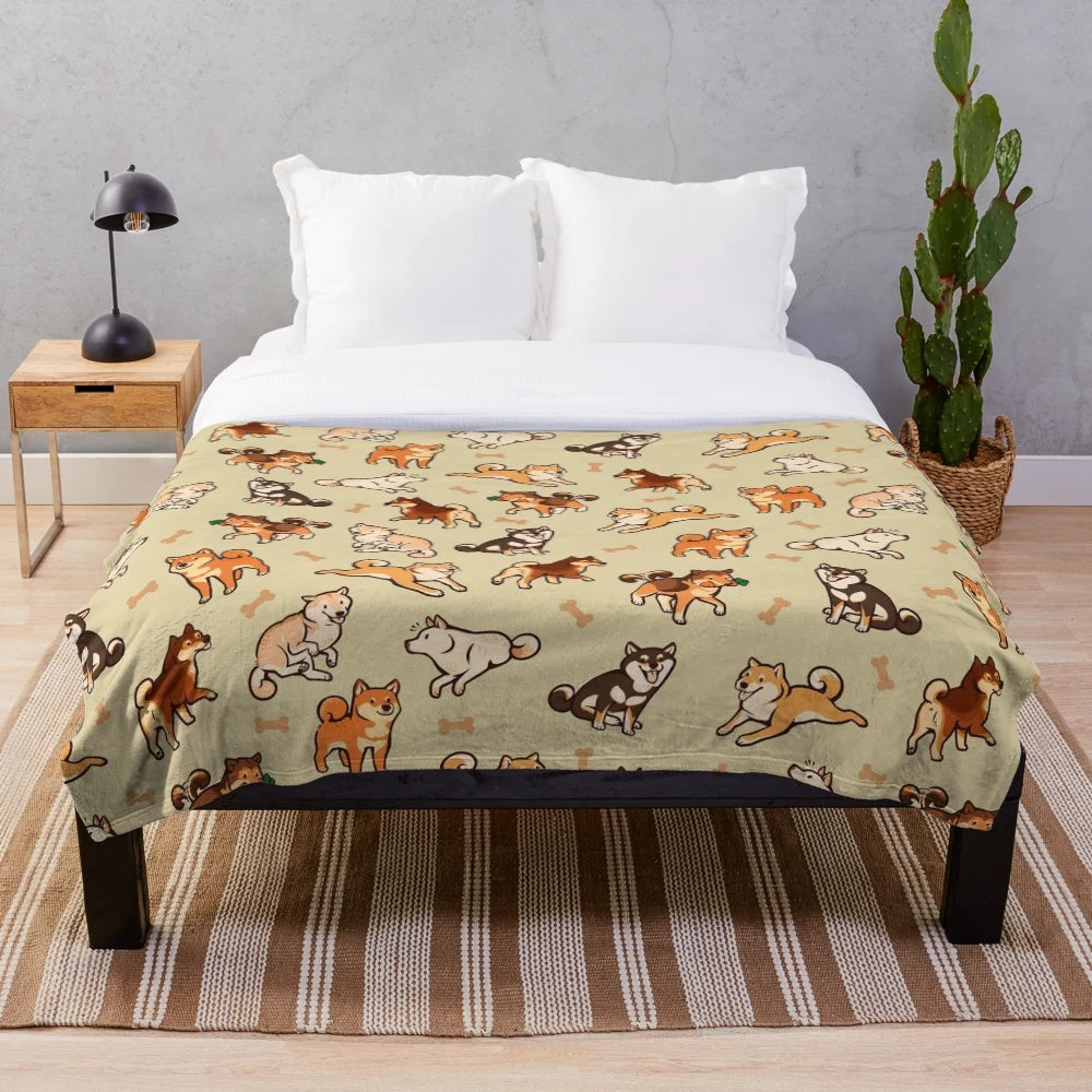 Soft and fluffy shiba inu plush blanket with a cute dog pattern