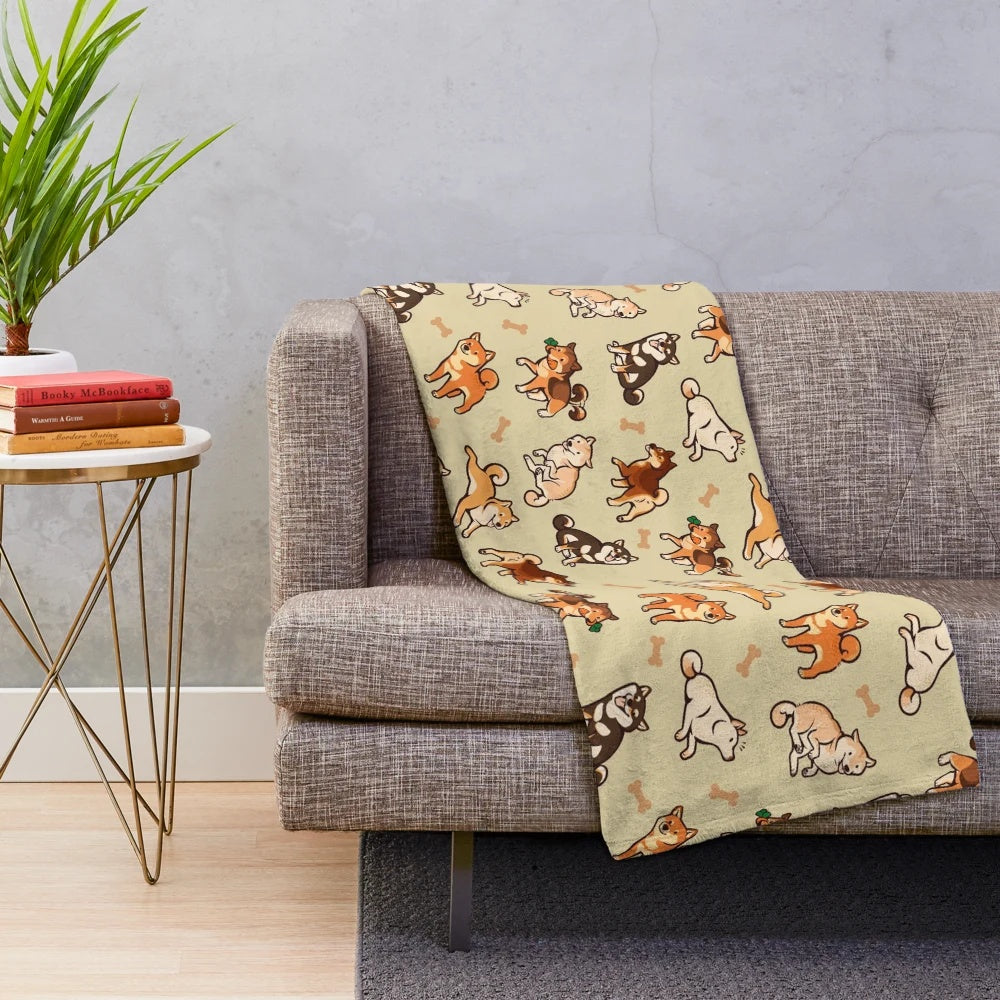 Soft and fluffy shiba inu plush blanket with a cute dog pattern