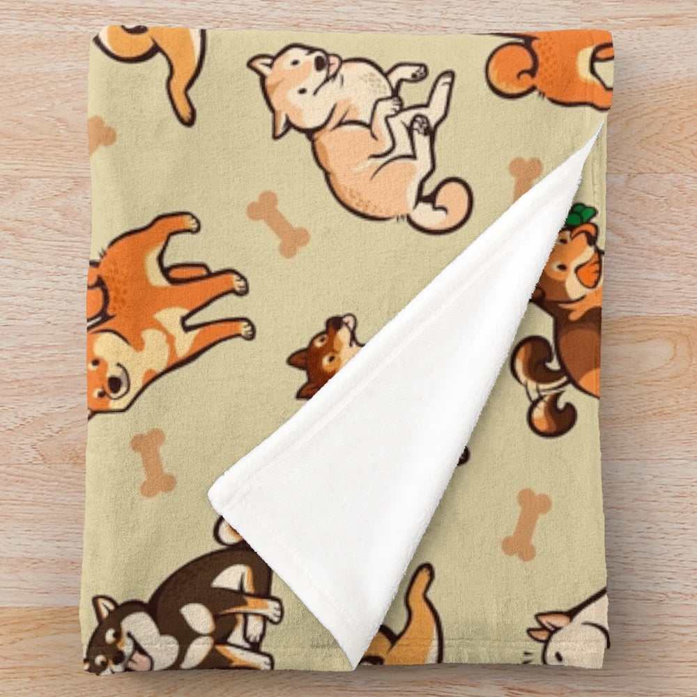 Soft and fluffy shiba inu plush blanket with a cute dog pattern