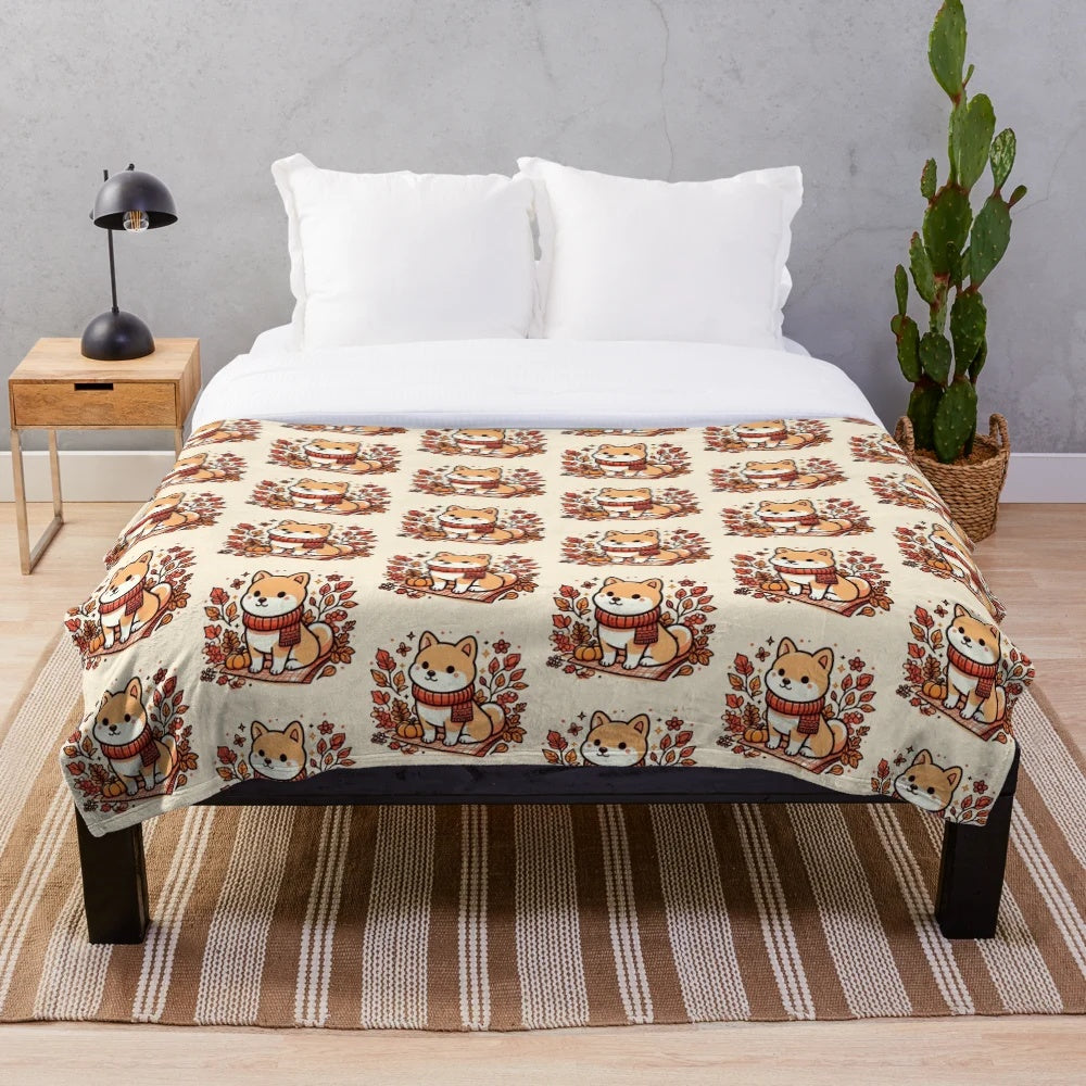Shiba Inu plush blanket in autumn leaves