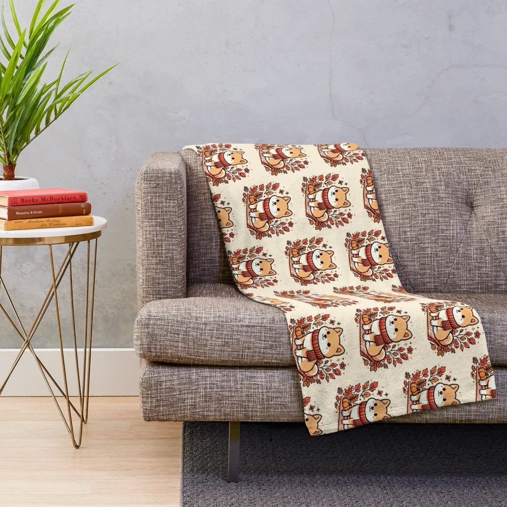Shiba Inu plush blanket in autumn leaves
