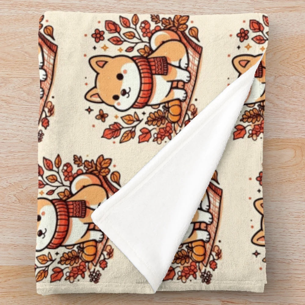 Shiba Inu plush blanket in autumn leaves