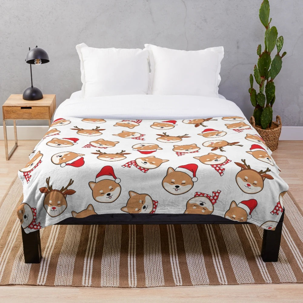 Soft and cuddly shiba inu plush blanket for Christmas