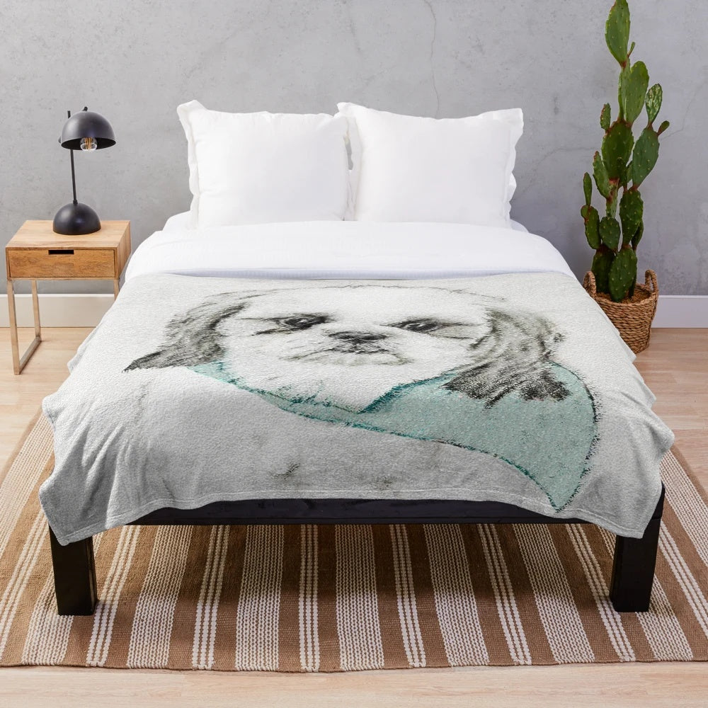 Shih Tzu dog portrait on a soft, plush blanket