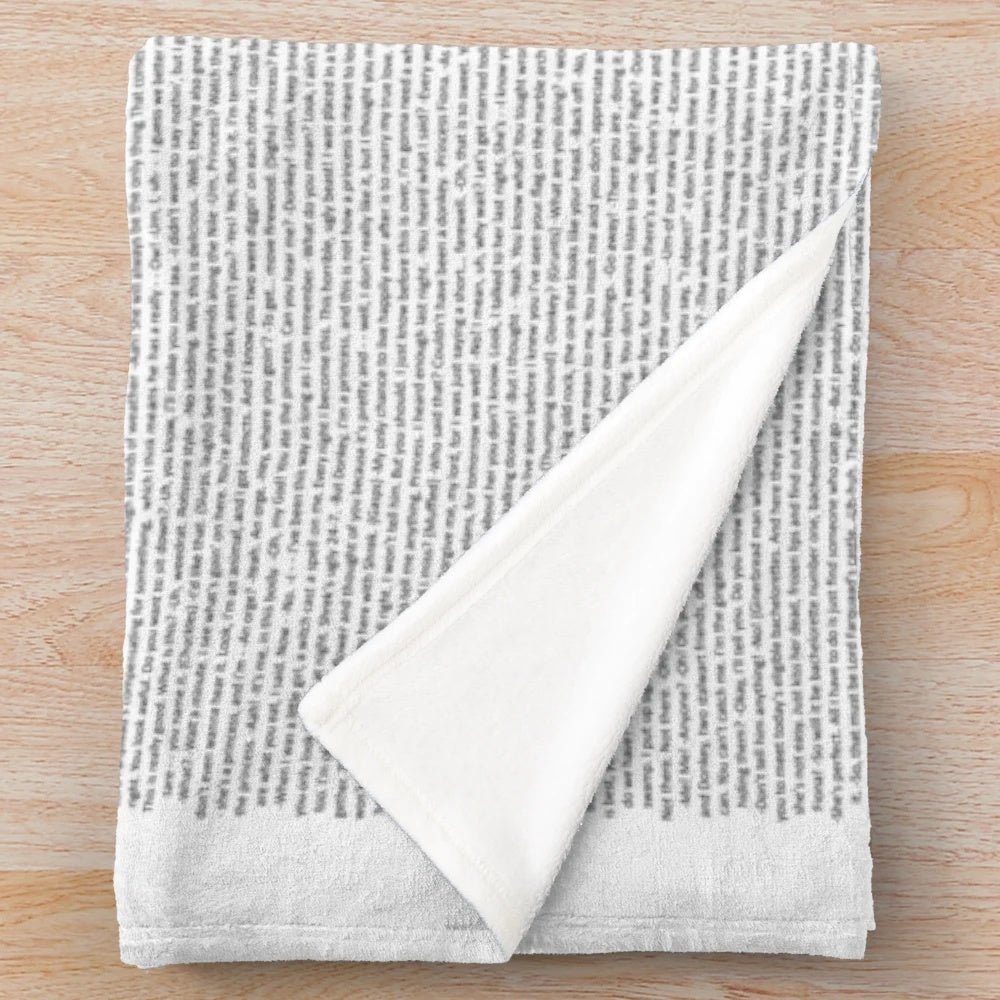 Shrek-themed plush blanket with the entire script printed on it