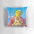 A plush, shrek-themed pillow with the character depicted as a saviour