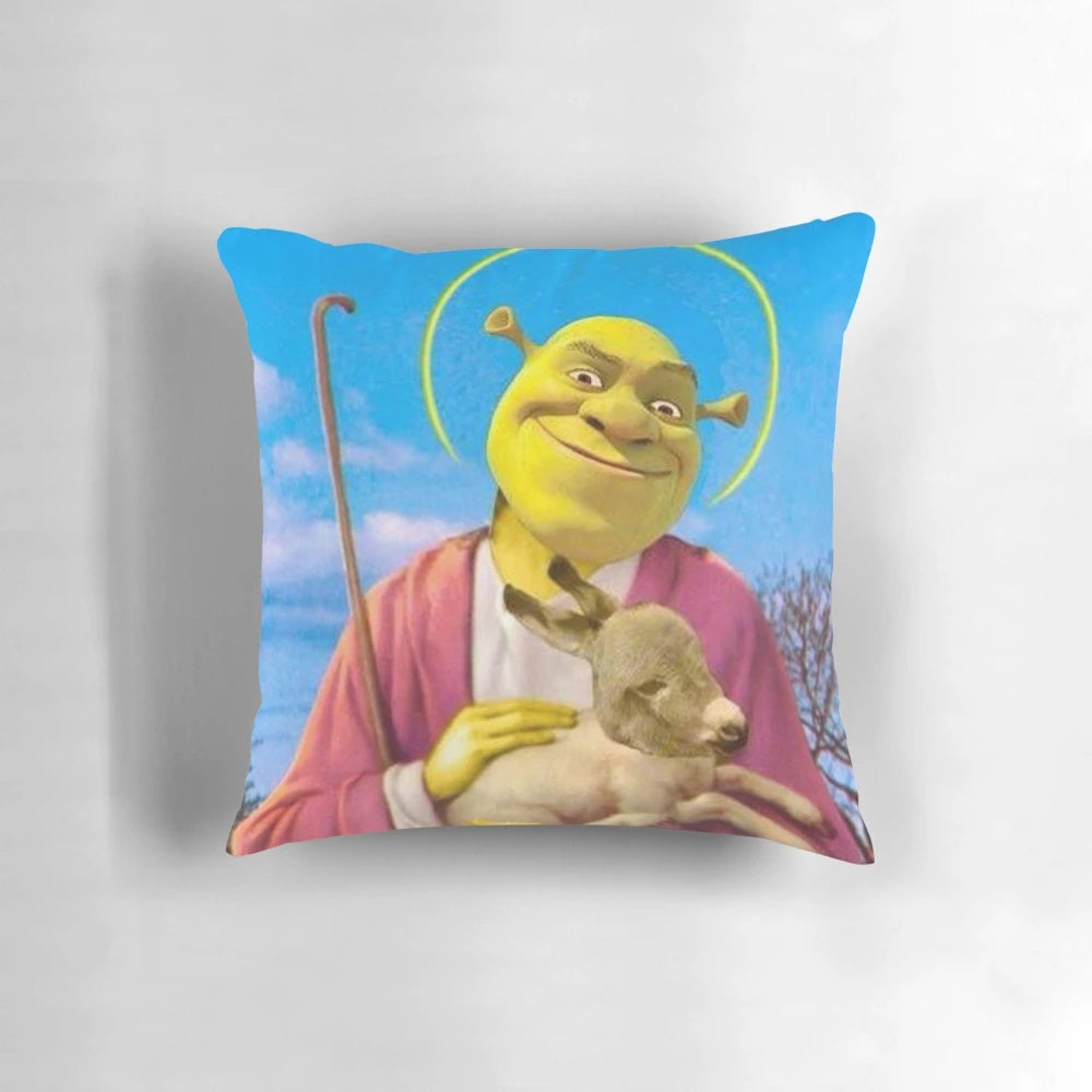 A plush, shrek-themed pillow with the character depicted as a saviour
