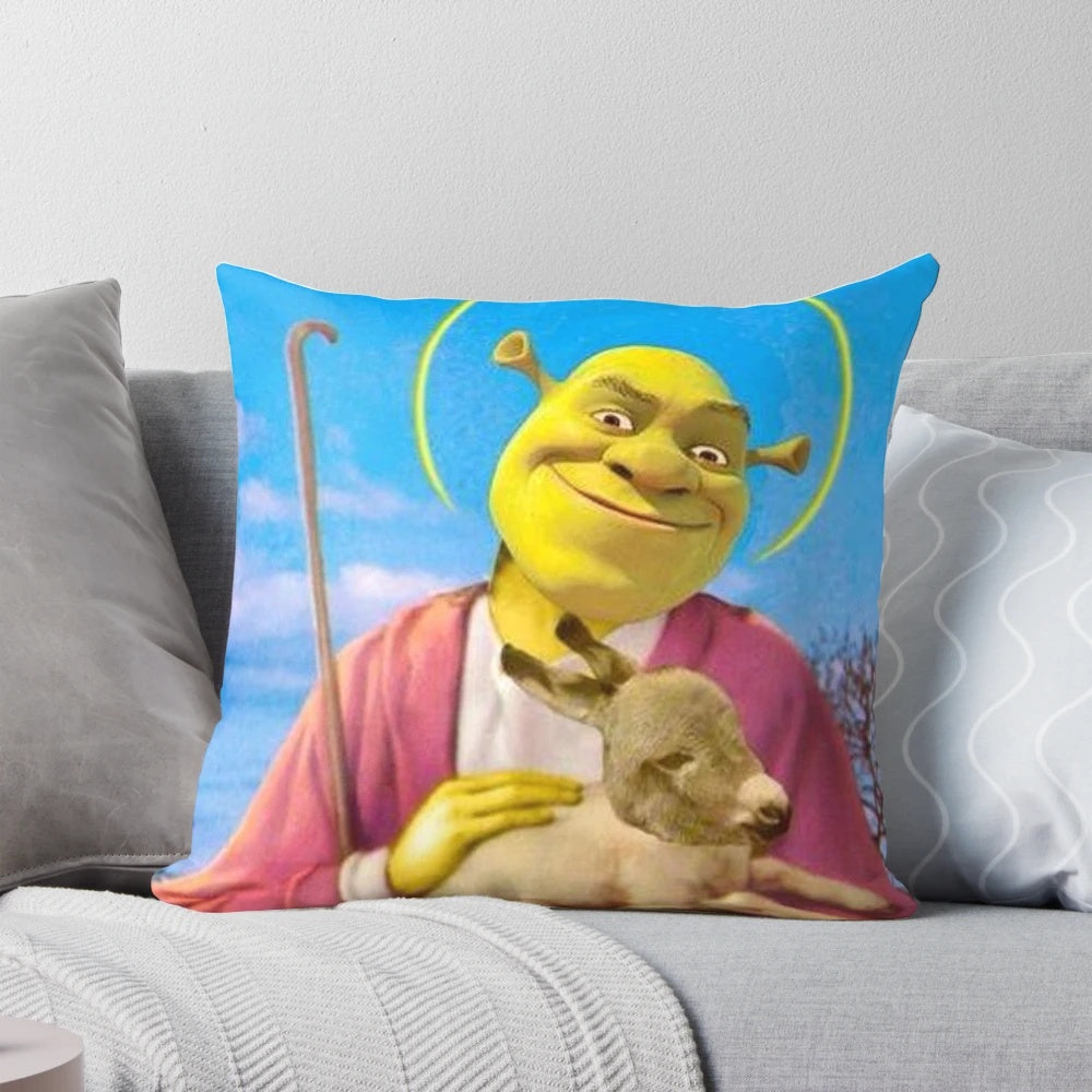A plush, shrek-themed pillow with the character depicted as a saviour