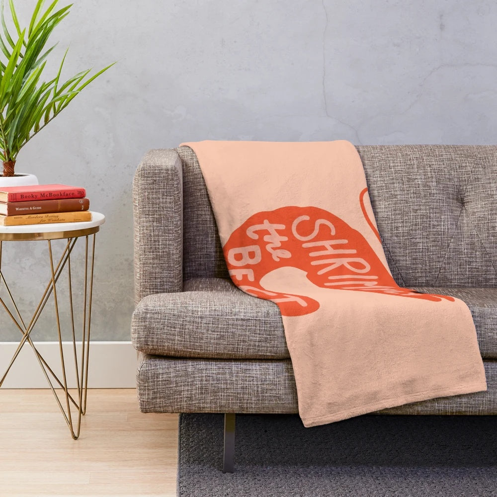 Shrimply the Best plush blanket featuring a cute cartoon shrimp character