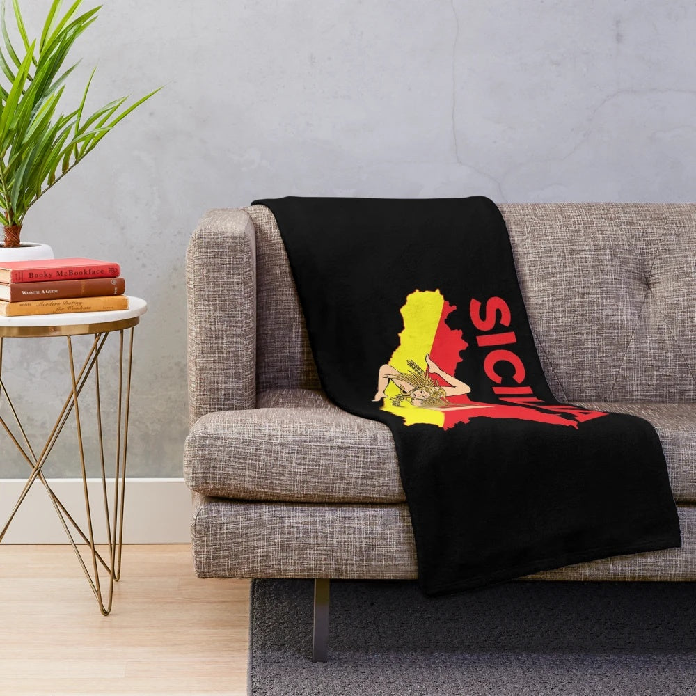 Cozy plush blanket featuring the map of Sicily and the Trinacria symbol, representing Sicilian pride