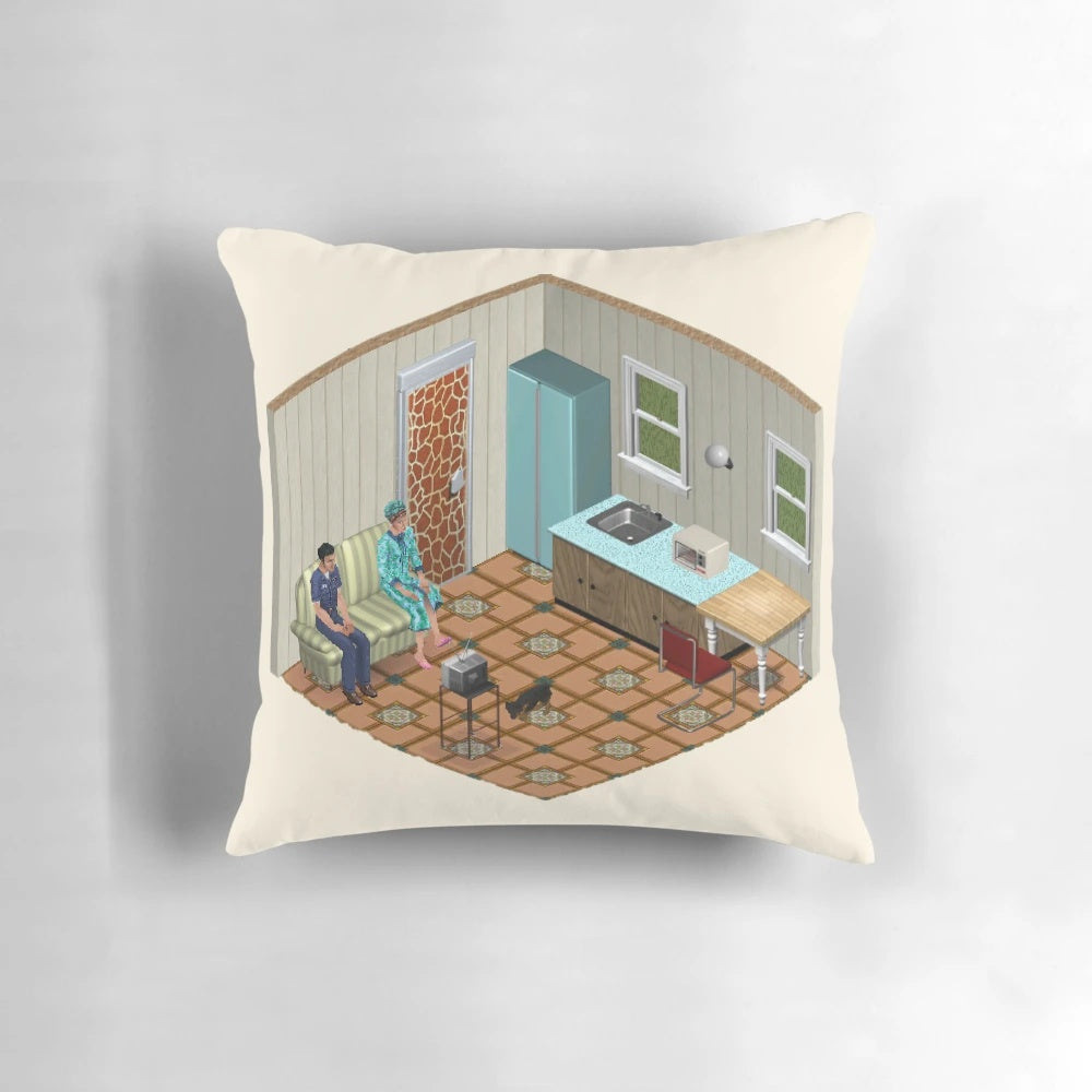 A plush, pixel-inspired pillow featuring a "Simple Times" design, perfect for fans of the original The Sims game.