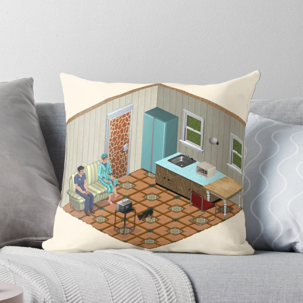 A plush, pixel-inspired pillow featuring a "Simple Times" design, perfect for fans of the original The Sims game.