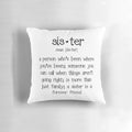 Soft and comfy pillow with a design featuring the word "sister" and heart-warming imagery.