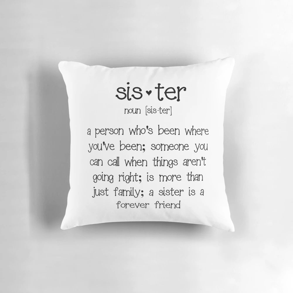 Soft and comfy pillow with a design featuring the word "sister" and heart-warming imagery.