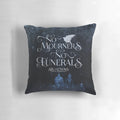 Six of Crows-inspired pillow featuring Kaz Brekker and the "No Mourners No Funerals" quote, perfect for bookish home decor.