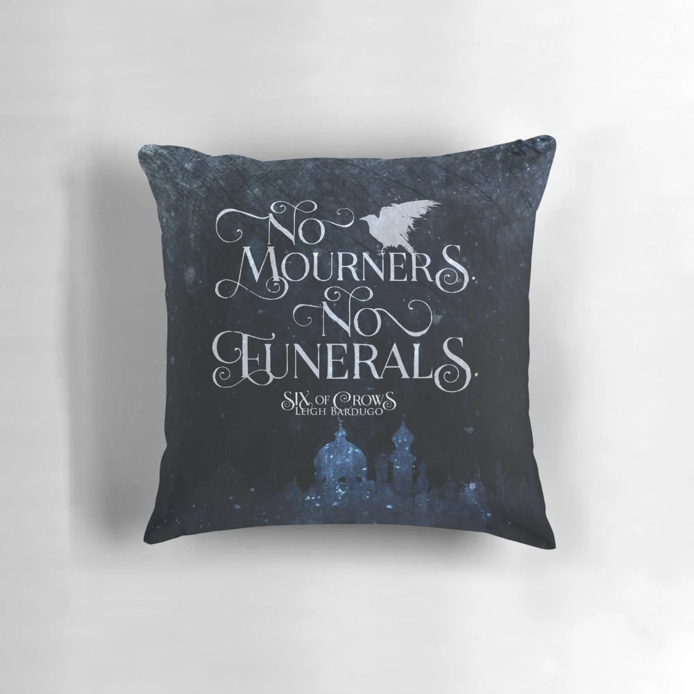 Six of Crows-inspired pillow featuring Kaz Brekker and the "No Mourners No Funerals" quote, perfect for bookish home decor.
