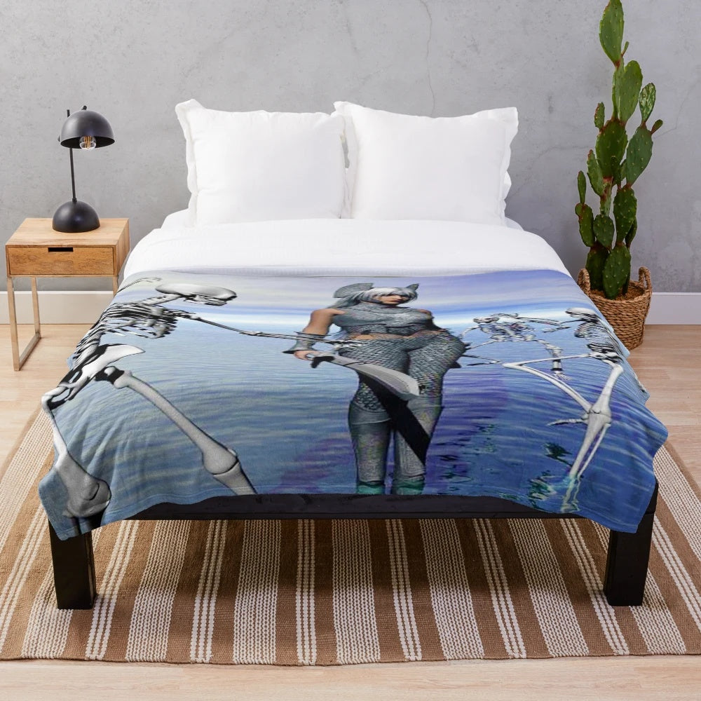 Skeletons at War plush blanket featuring colorful, stylish skeleton soldiers in a fantasy battle scene