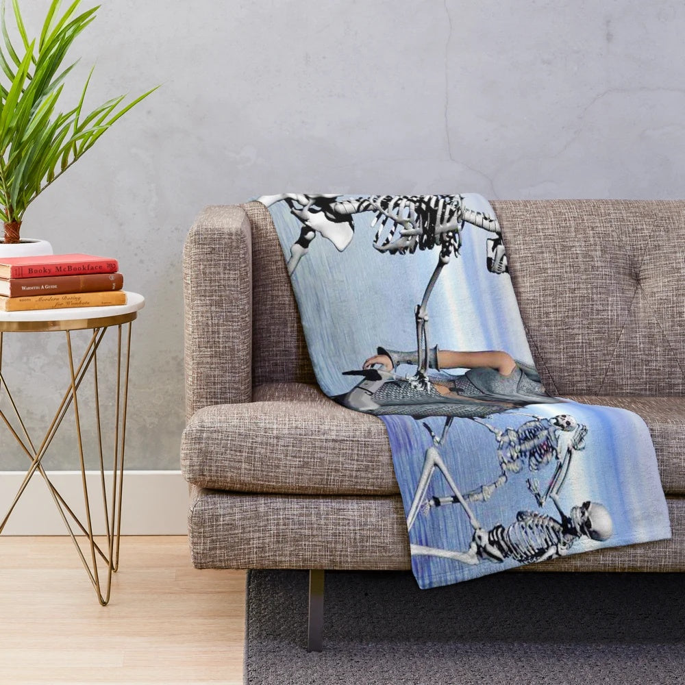 Skeletons at War plush blanket featuring colorful, stylish skeleton soldiers in a fantasy battle scene