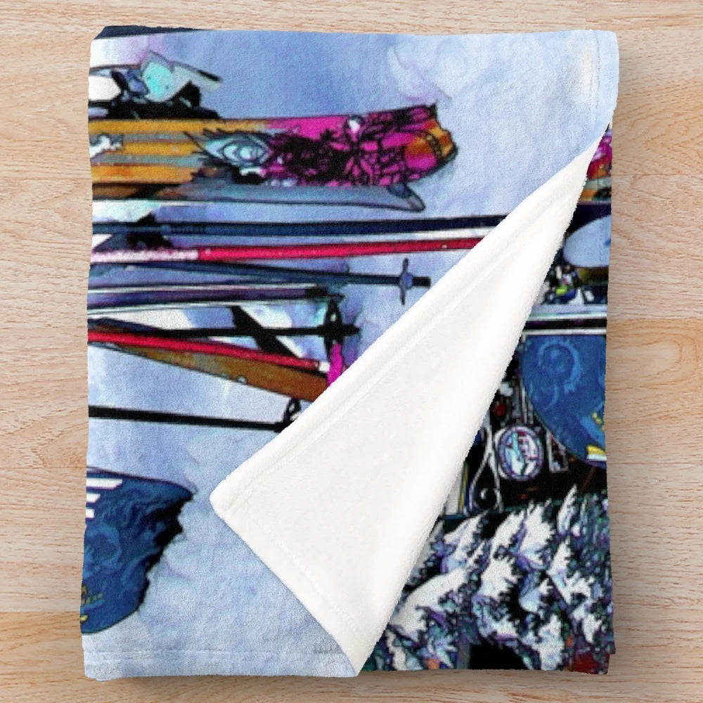 Plush blanket featuring skis and poles design, perfect for winter sports enthusiasts