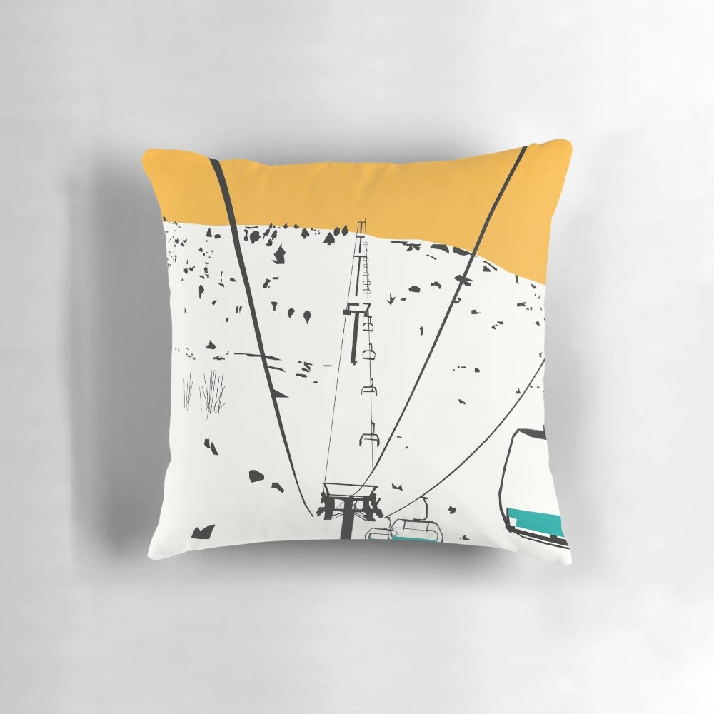 Soft, plush ski-themed pillow with a snowy mountain design