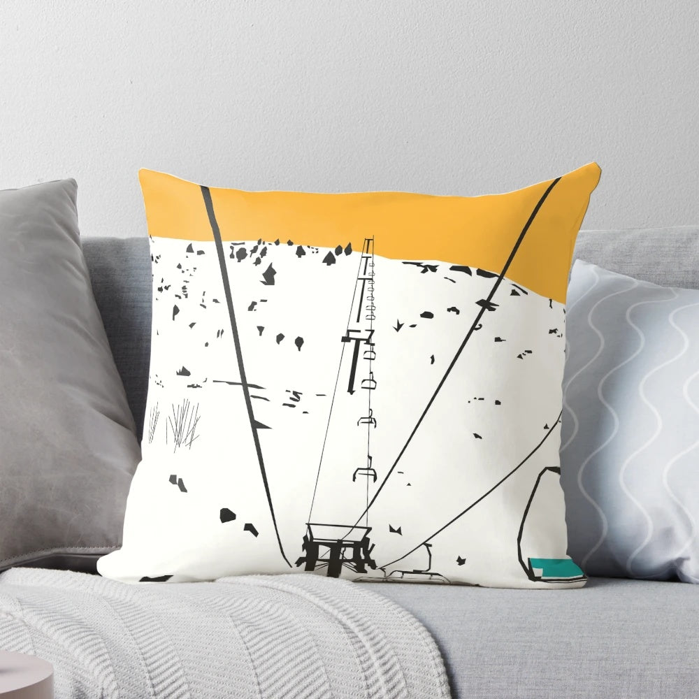 Soft, plush ski-themed pillow with a snowy mountain design
